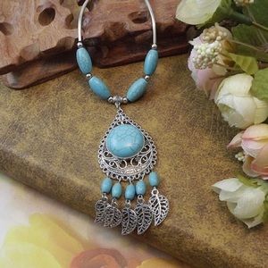 Tribal Turquoise and Silver Feather Necklace